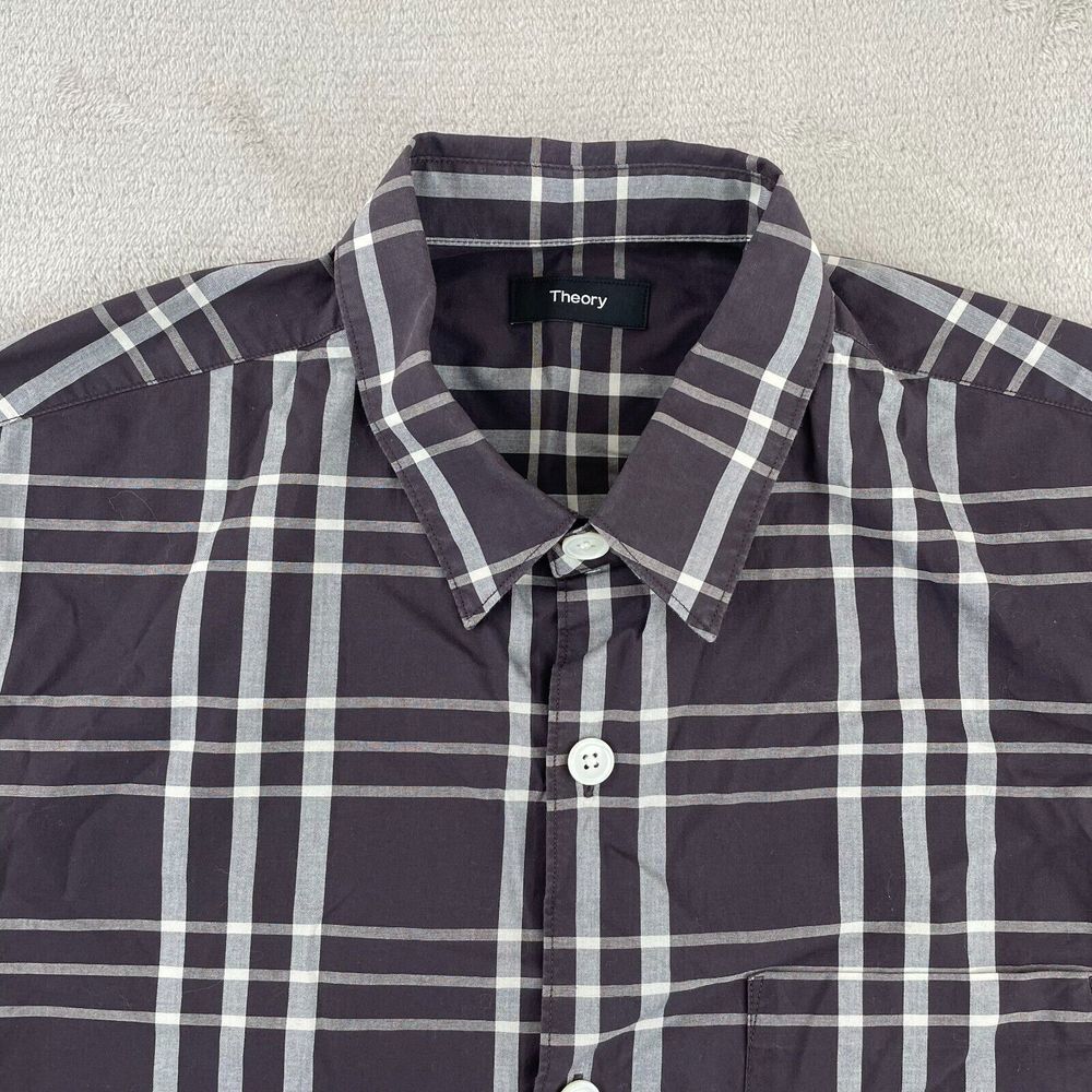 Theory Rammis Shirt Men Large Grey Plaid Short‎ Sleeve Button Up Preppy Designer